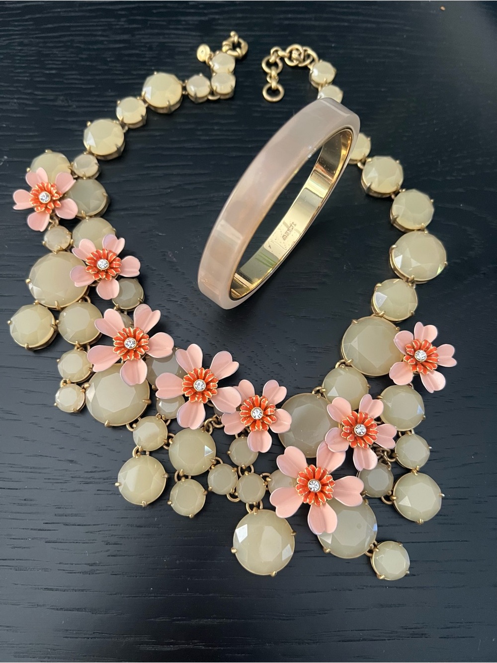 J. Crew Gold-Tone Necklace with Pink Floral Accents and Cream Stones